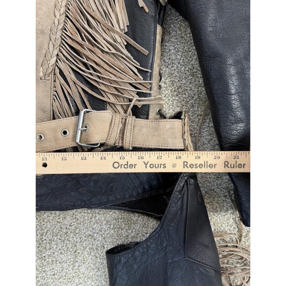 VTG UNIK Jacket Womens Medium Black Tan Leather Fringe Western Motorcycle Chaps - Picture 5 of 16